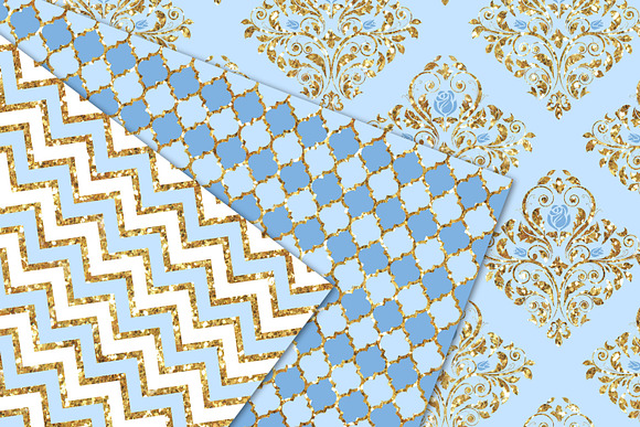 Blue and Gold Glitter Digital Paper in Patterns - product preview 3