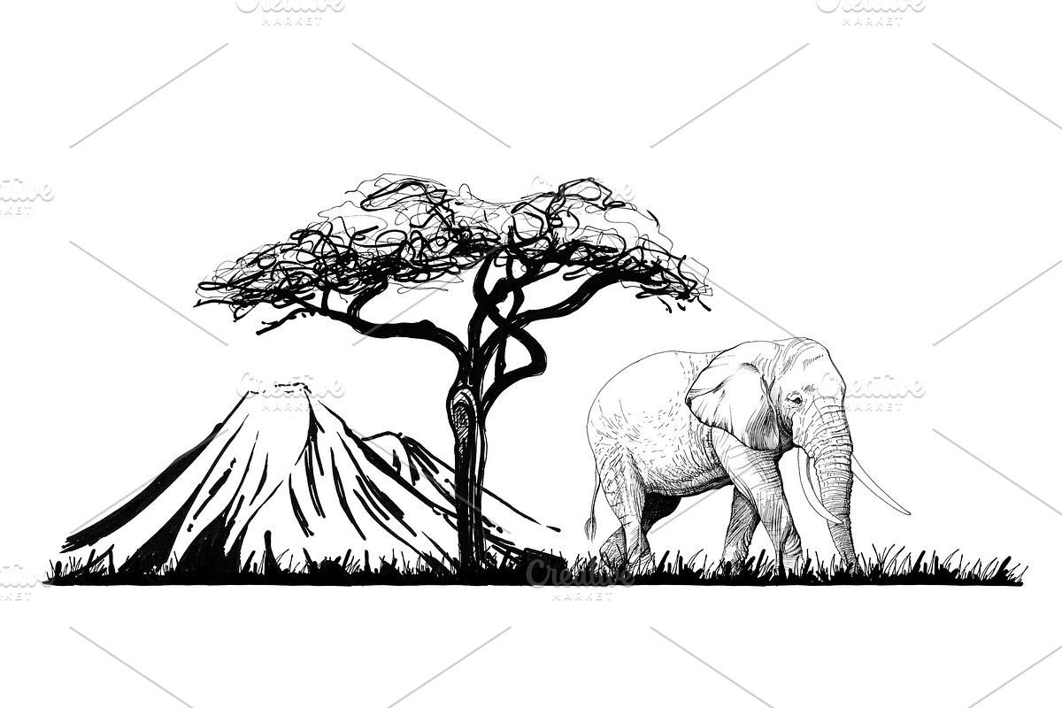 Elephant near a tree on mount backgr in Illustrations - product preview 8