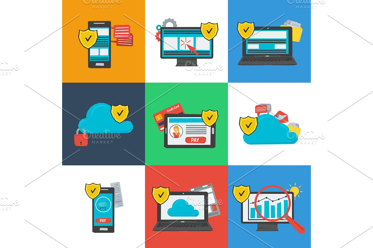 Data Protection Icons Set on Colored in Illustrations - product preview 8