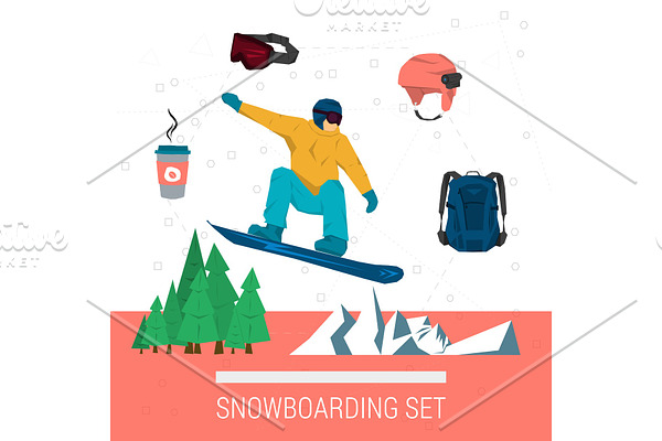 Vector set snowboarding sport