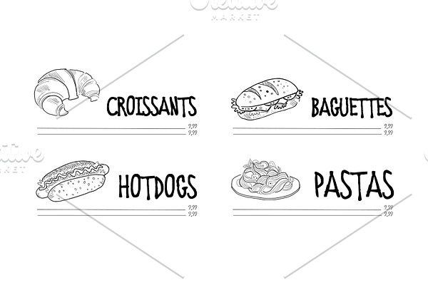 Cafe menu with croissant, hot dog