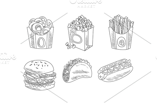 Vector set of hand drawn fast food