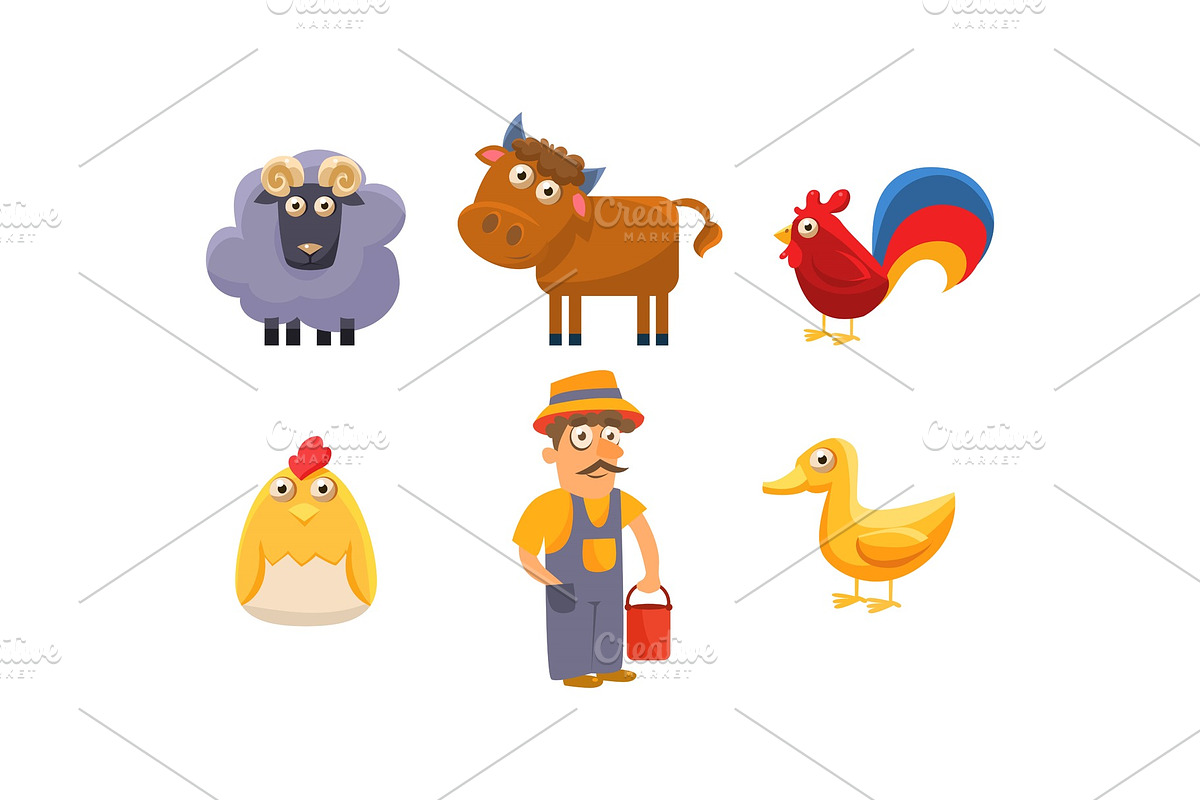 Cute farm animals and male farmer in Illustrations - product preview 8