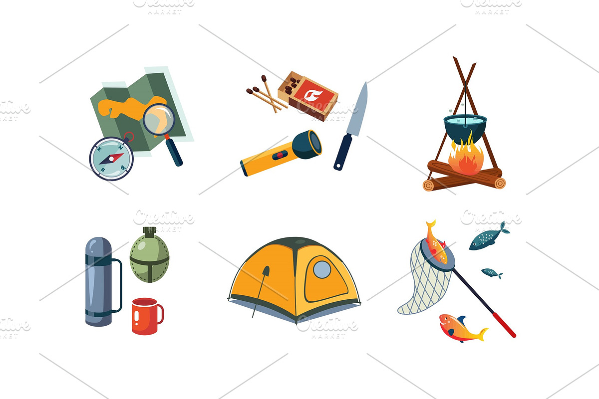 Fishing and camping icons set, map in Illustrations - product preview 8