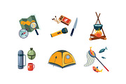 Fishing and camping icons set, map
