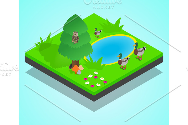 Pond concept banner, isometric style