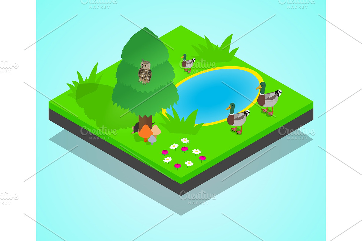 Pond concept banner, isometric style in Illustrations - product preview 8