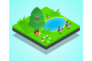 Pond concept banner, isometric style