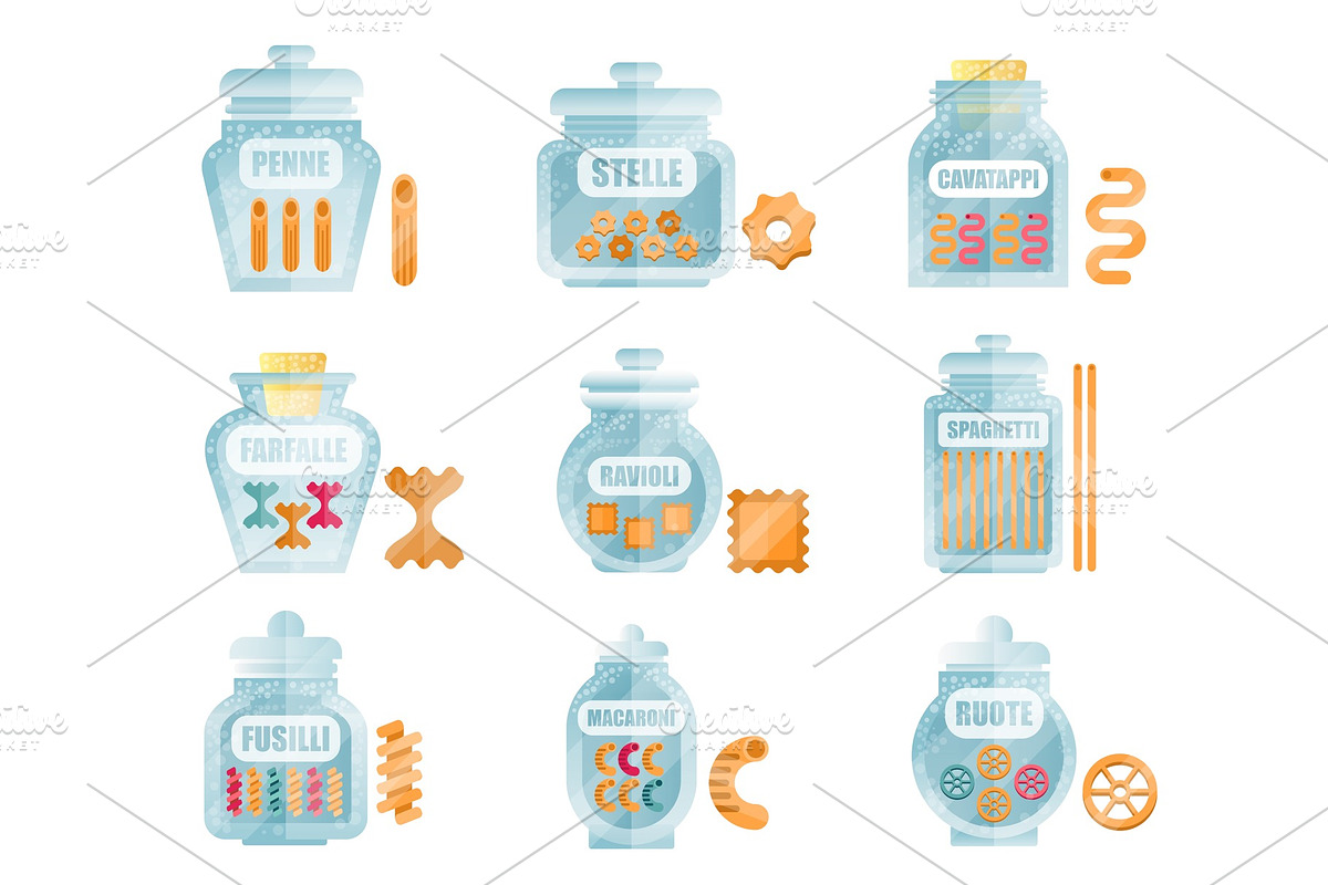 Glass jars filled with dry farfalle in Illustrations - product preview 8