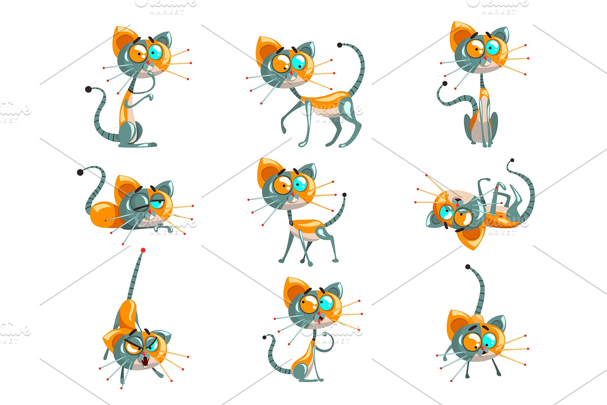 Cute robotic cat set, funny robot in Illustrations - product preview 8