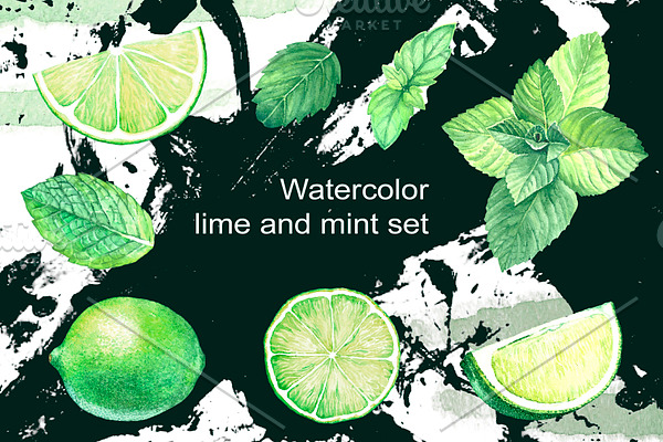 Lime and mint. Watercolor set.