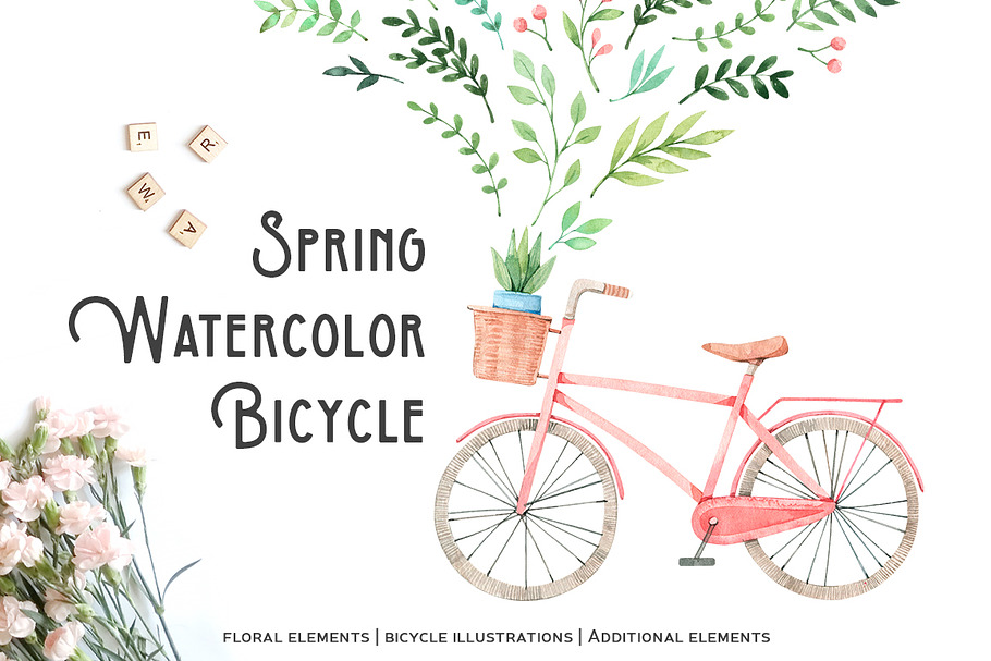Spring watercolor bicycle in Illustrations - product preview 8