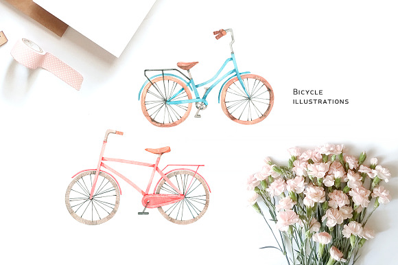Spring watercolor bicycle in Illustrations - product preview 3