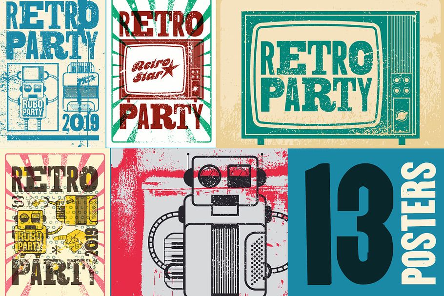 Retro Party grunge posters.