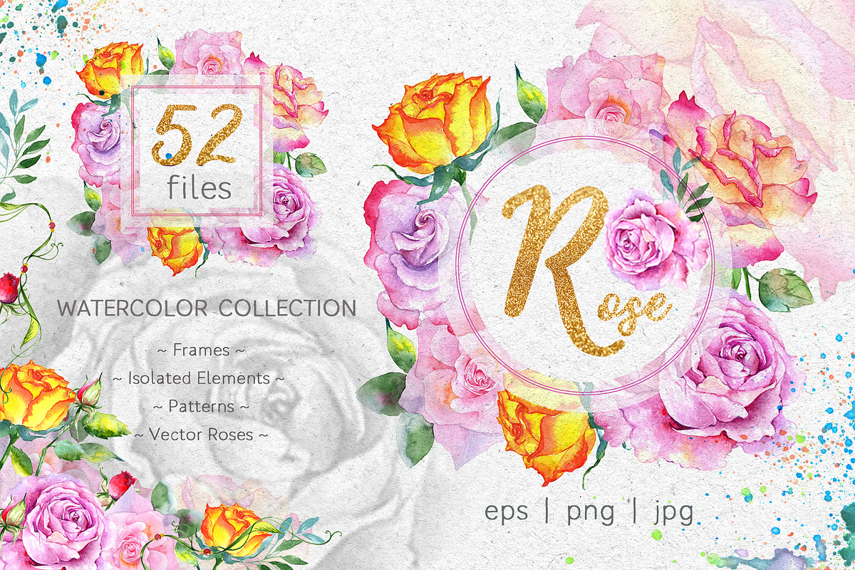 Pink  roses collection watercolor  in Illustrations - product preview 8