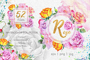 Pink  roses collection watercolor 
