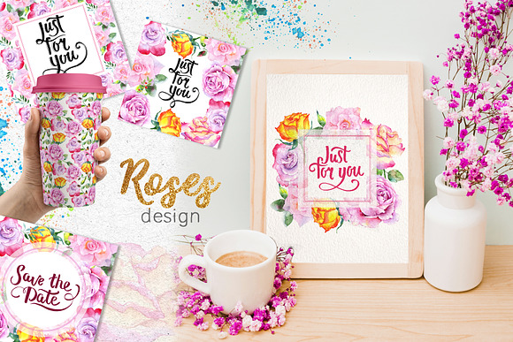 Pink  roses collection watercolor  in Illustrations - product preview 1