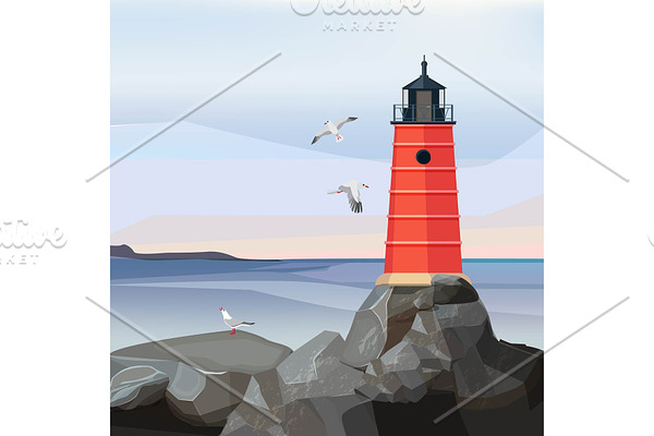 Sea landscape lighthouse. Ocean or