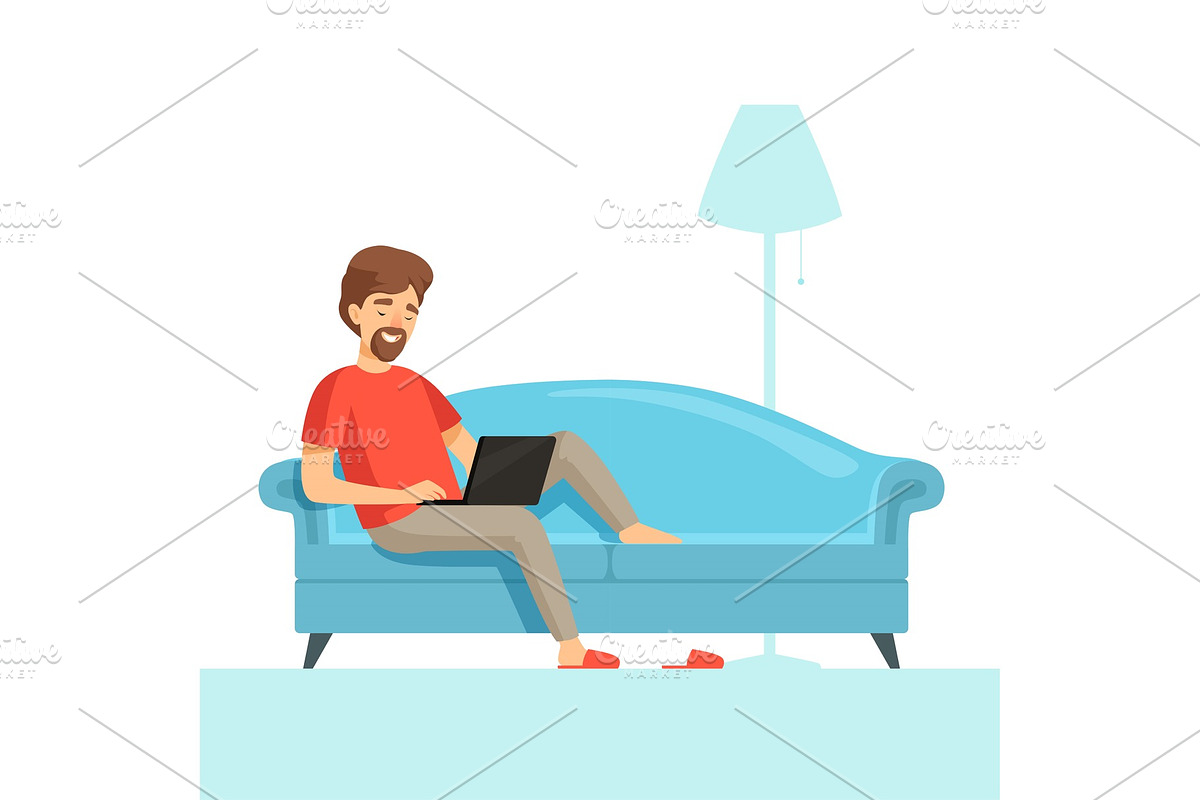 Freelancer on sofa. Happy smile work in Graphics - product preview 8