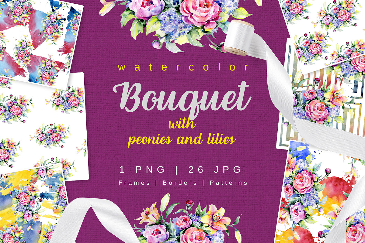 Bouquet with peonies and lilies in Illustrations - product preview 8