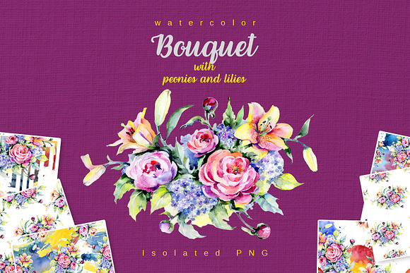 Bouquet with peonies and lilies in Illustrations - product preview 2