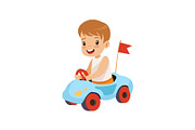 Cute Smiling Boy Riding Toy Car