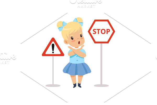 Cute Girl and Warning Road Signs