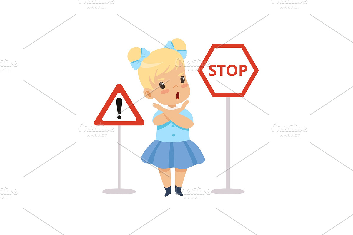 Cute Girl and Warning Road Signs in Illustrations - product preview 8