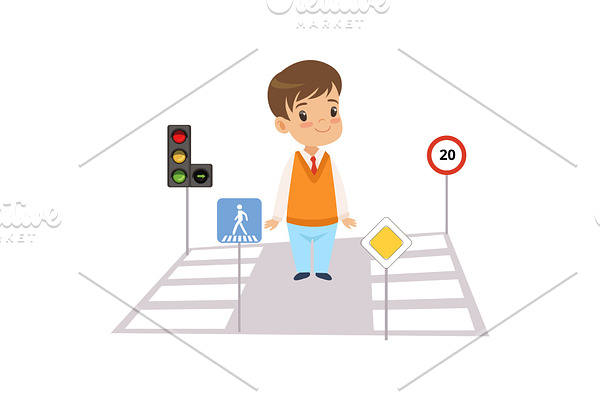 Cute Boy and Road Signs, Child
