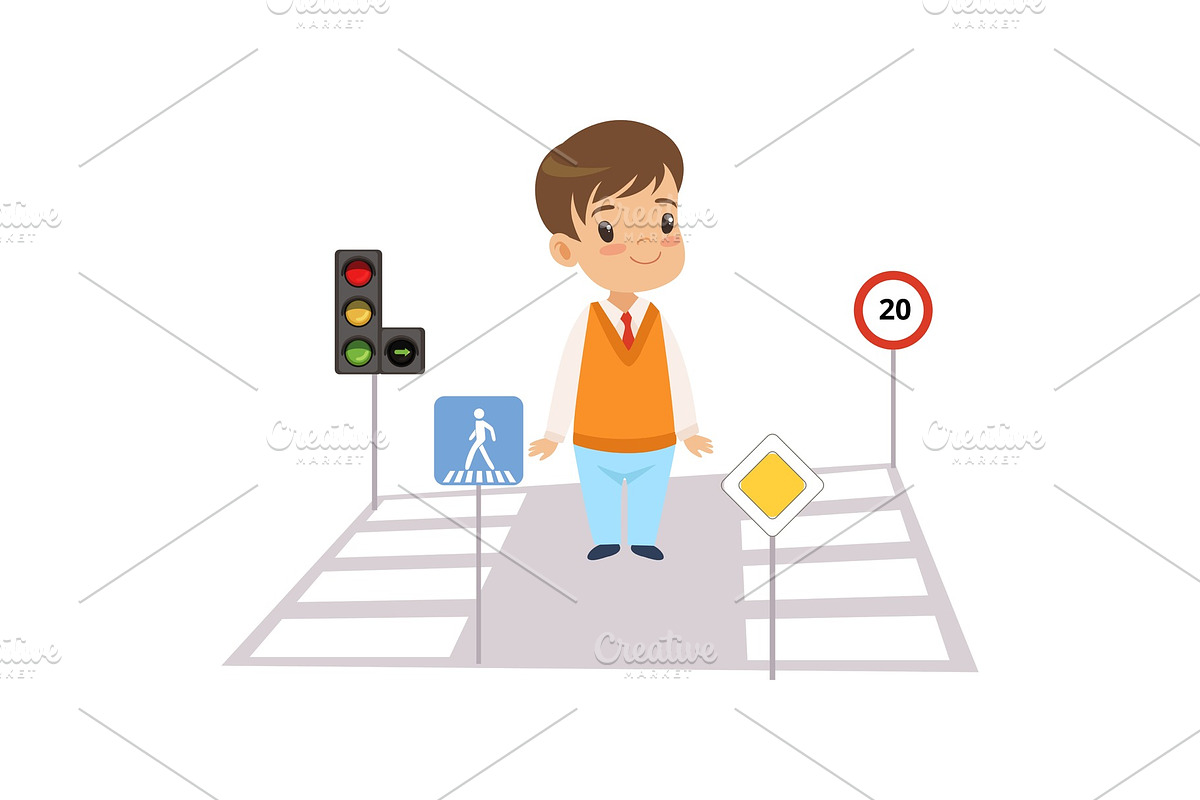 Cute Boy and Road Signs, Child in Illustrations - product preview 8