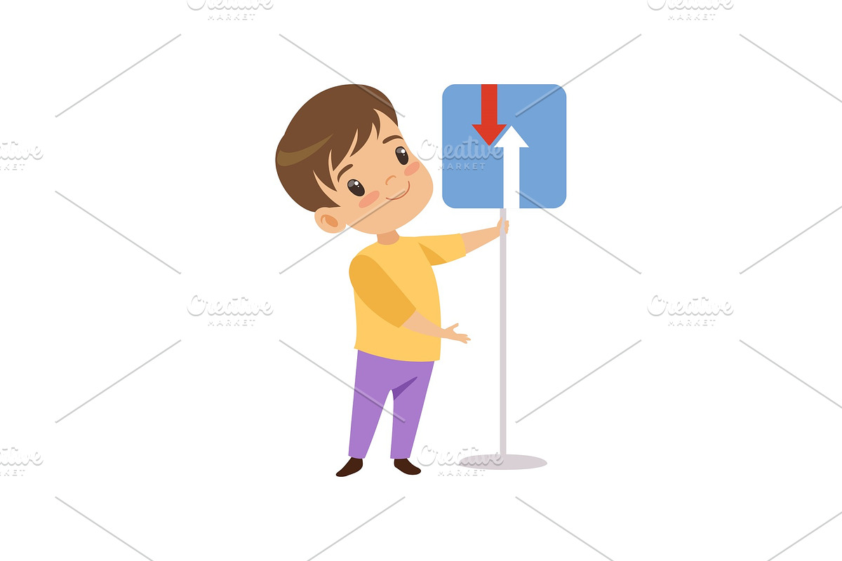 Cute Boy Holding Oncoming Road Sign in Illustrations - product preview 8