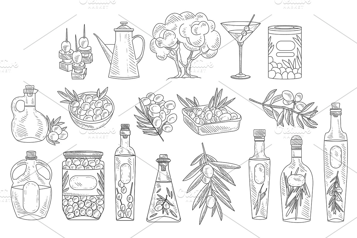 Set of monochrome olives, branches in Illustrations - product preview 8