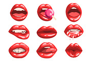 Red glossy lips set, girls mouth