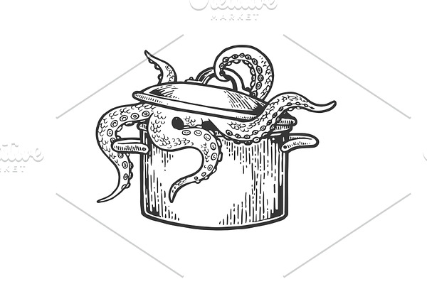 Octopus in pan engraving vector