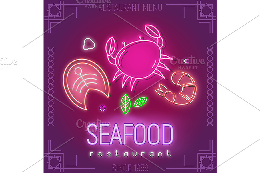 Seafood Restaurant Neon Poster in Illustrations - product preview 8