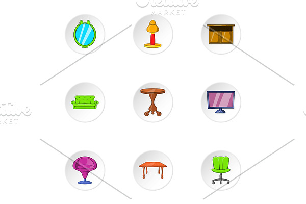 Type of furniture icons set, cartoon