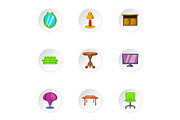 Type of furniture icons set, cartoon