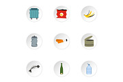 Waste icons set, flat style