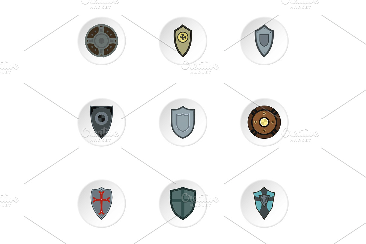 Army shield icons set, flat style in Objects - product preview 8