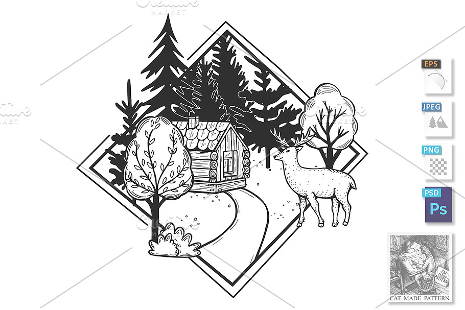Forest landscape with wooden house in Illustrations - product preview 8