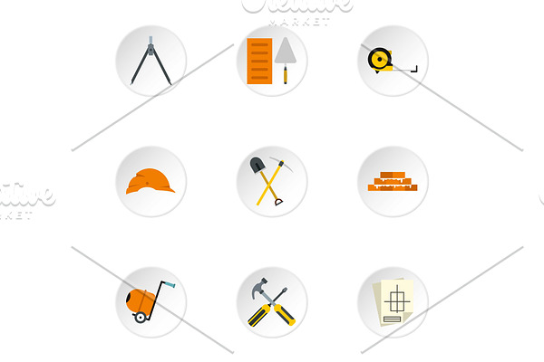Building tools icons set, flat style