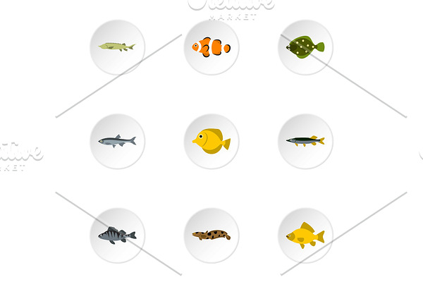 Marine fish icons set, flat style