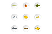 Marine fish icons set, flat style