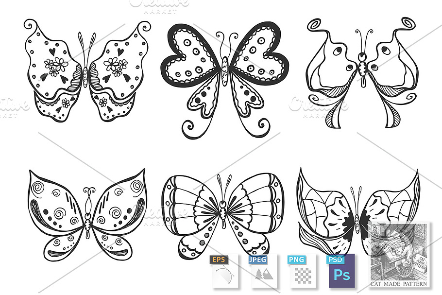 butterflies set in doodle style