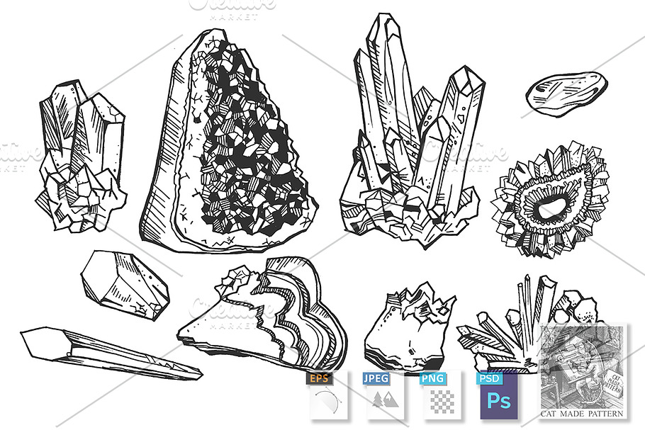 Mineral crystals and gem stones set