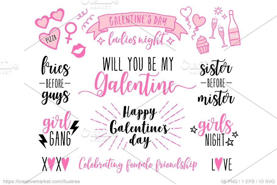 Galentines day overlays, vector set