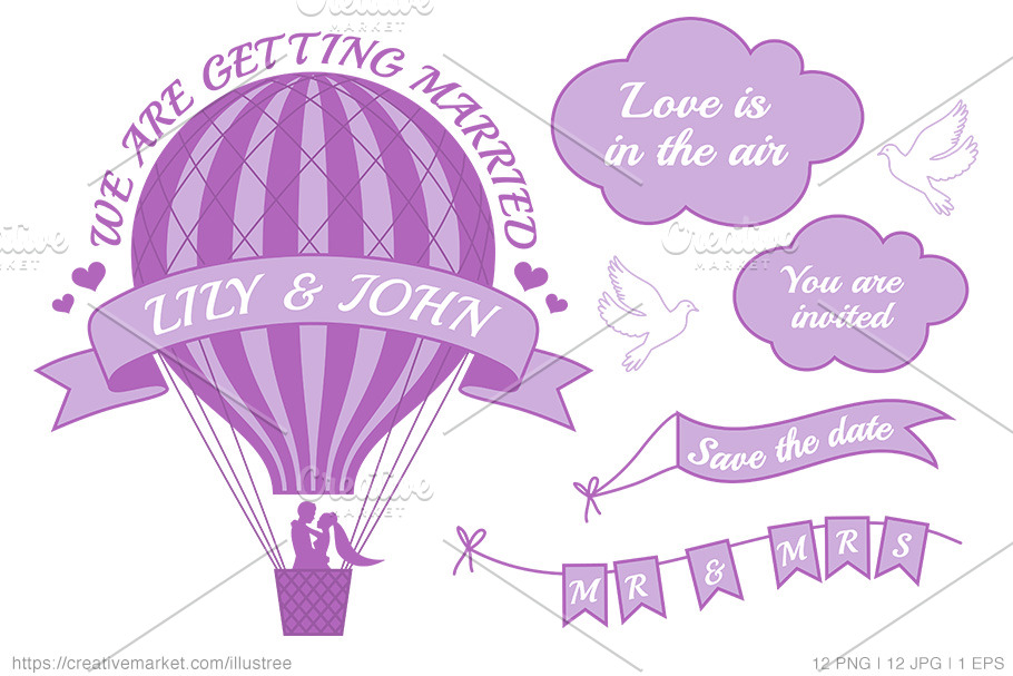 Hot air balloon wedding, vector