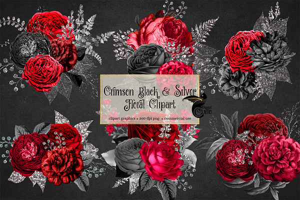 Crimson Black & Silver Florals