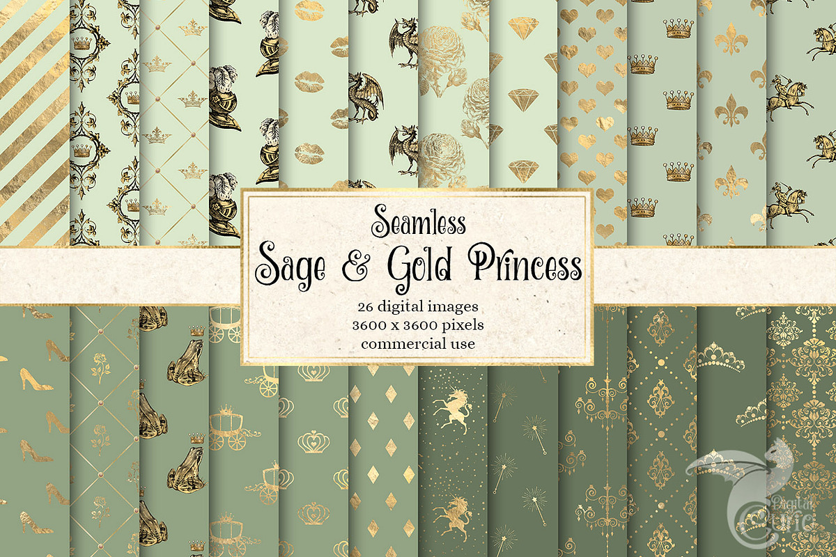 Sage and Gold Princess Digital Paper in Patterns - product preview 8