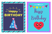 Happy Birthday Cap Cards Set Vector